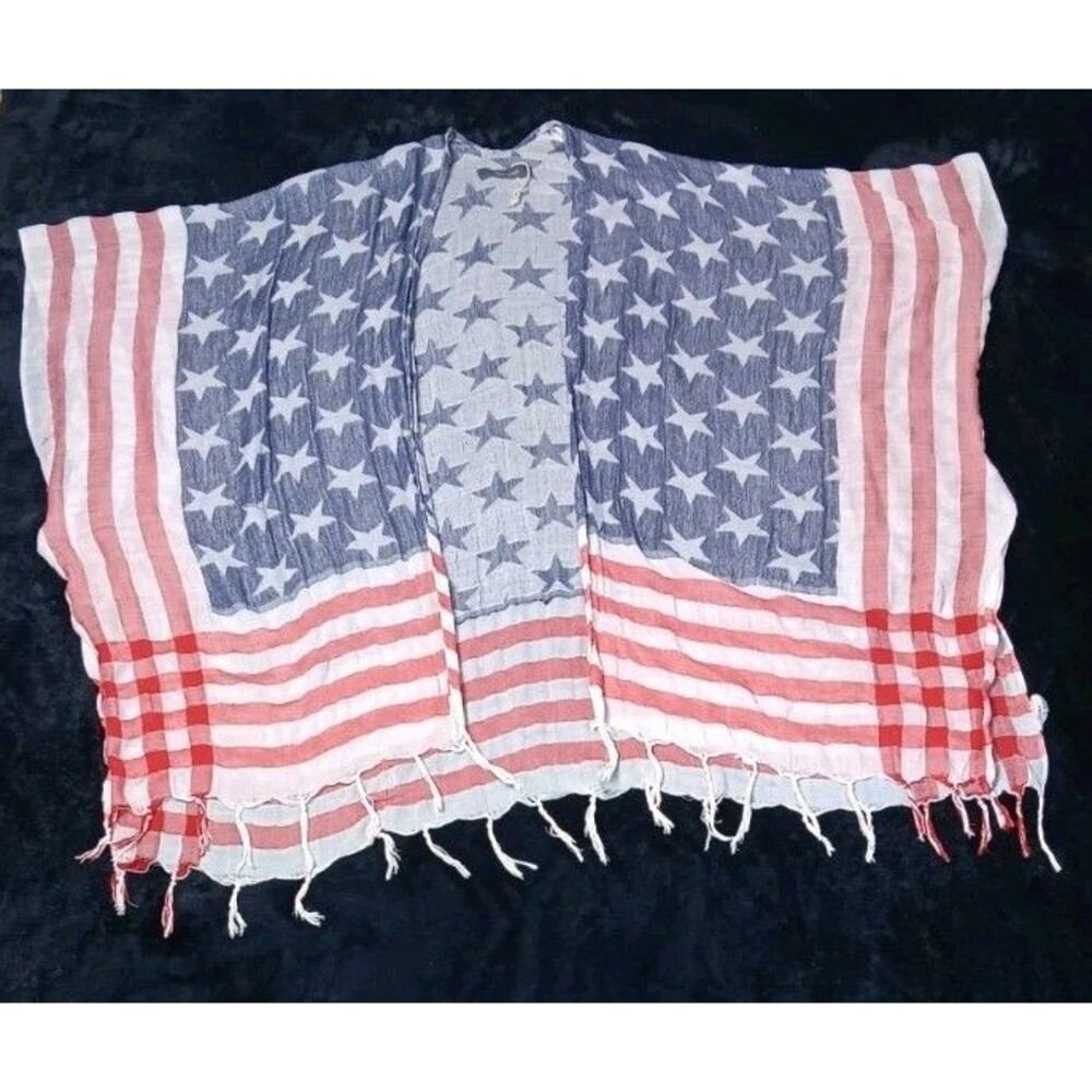 Natural Reflections American Flag Ruana Kimono Poncho Star Stripes OS Fringe